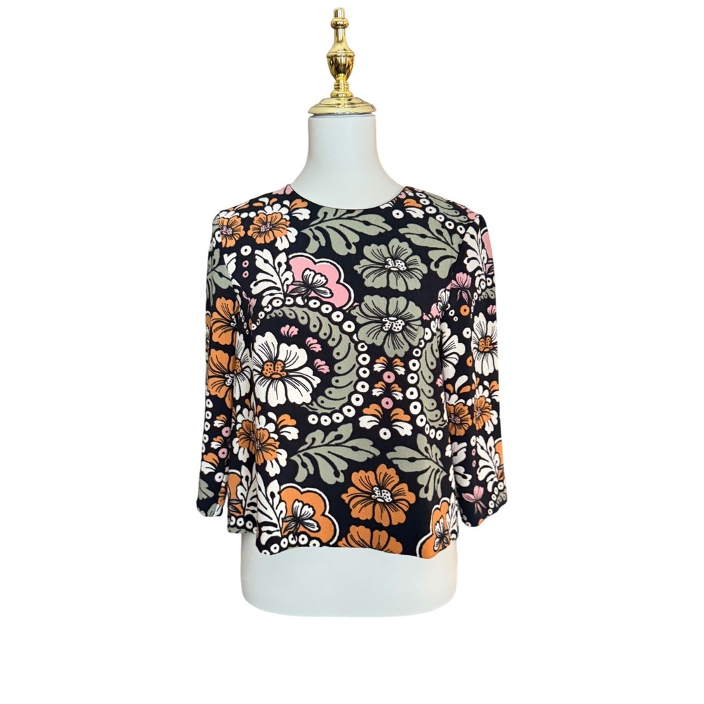 H&M Womens Floral Blouse Black Orange Pink 70s Retro Mod 3/4 Sleeve Top Size 6